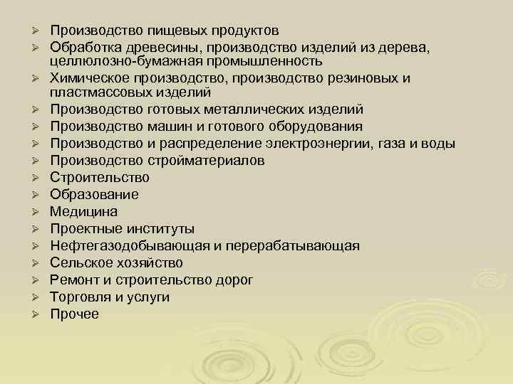 Ø Ø Ø Ø Производство пищевых продуктов Обработка древесины, производство изделий из дерева, целлюлозно-бумажная