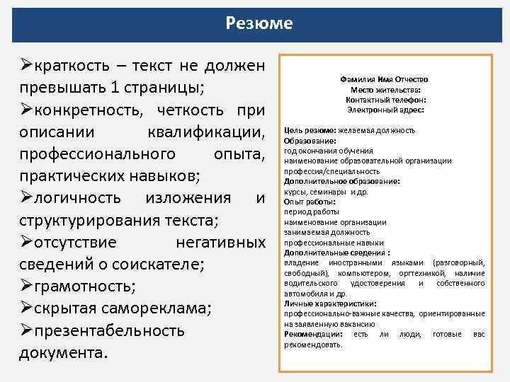  Резюме Øкраткость – текст не должен превышать 1 страницы; Øконкретность, четкость при описании
