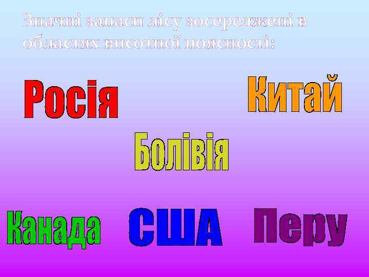 Значні запаси лісу зосереджені в областях висотної поясності: 