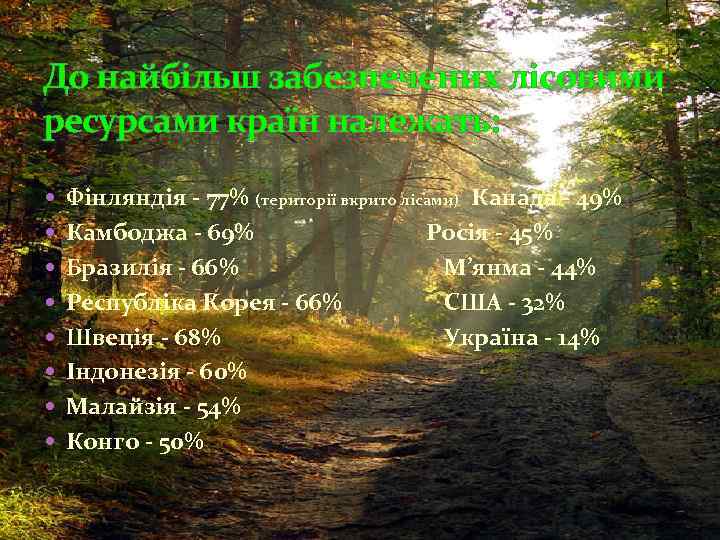 До найбільш забезпечених лісовими ресурсами країн належать: Фінляндія - 77% (території вкрито лісами) Канада
