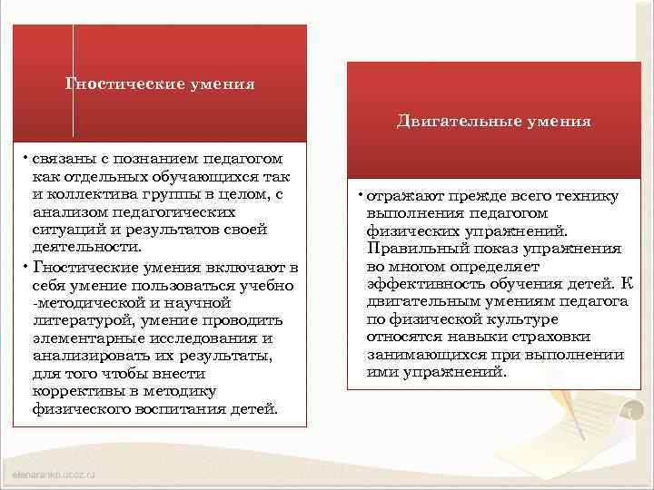 Гностические умения Двигательные умения • связаны с познанием педагогом как отдельных обучающихся так и