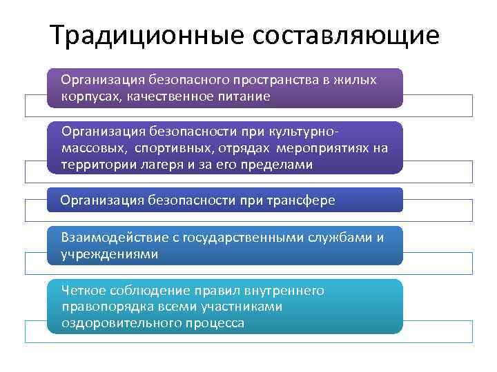 Традиционные составляющие Организация безопасного пространства в жилых корпусах, качественное питание Организация безопасности при культурномассовых,