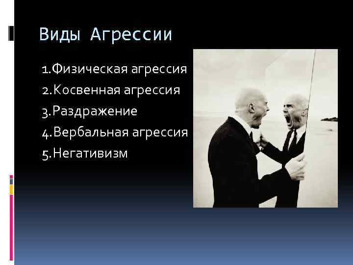 Виды Агрессии 1. Физическая агрессия 2. Косвенная агрессия 3. Раздражение 4. Вербальная агрессия 5.
