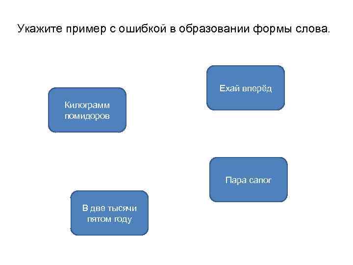 Укажите пример с ошибкой в образовании формы слова. Ехай вперёд Килограмм помидоров Пара сапог