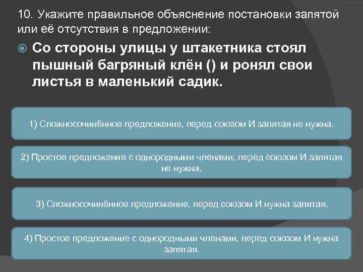 10. Укажите правильное объяснение постановки запятой или её отсутствия в предложении: Со стороны улицы