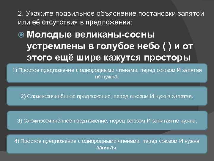 2. Укажите правильное объяснение постановки запятой или её отсутствия в предложении: Молодые великаны-сосны устремлены