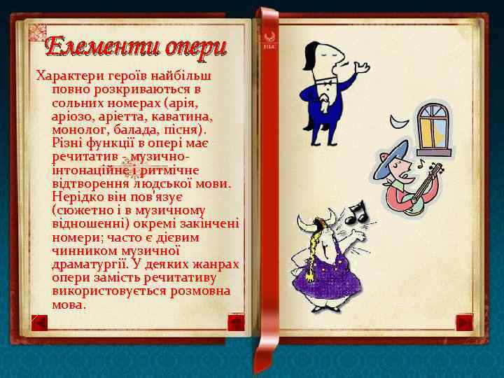 Елементи опери Характери героїв найбільш повно розкриваються в сольних номерах (арія, аріозо, аріетта, каватина,