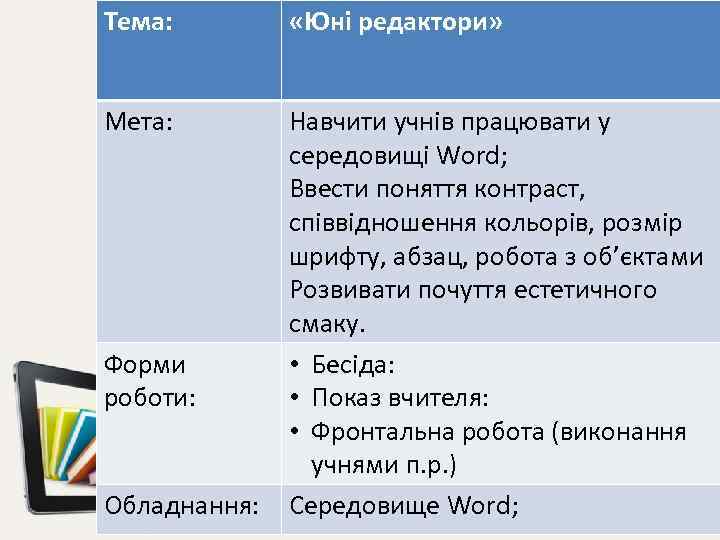 Тема: «Юні редактори» Мета: Навчити учнів працювати у середовищі Word; Ввести поняття контраст, співвідношення