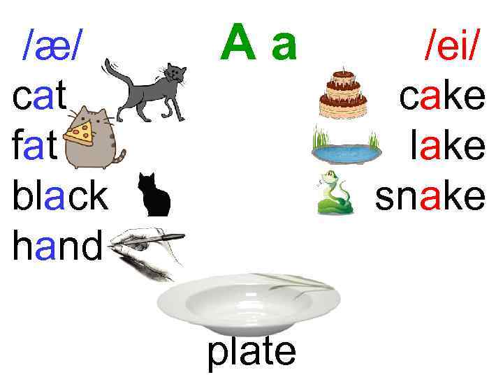 /æ/ cat fat black hand Aa plate /ei/ cake lake snake 