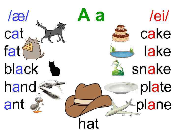 /æ/ cat fat black hand ant Aa hat /ei/ cake lake snake plate plane