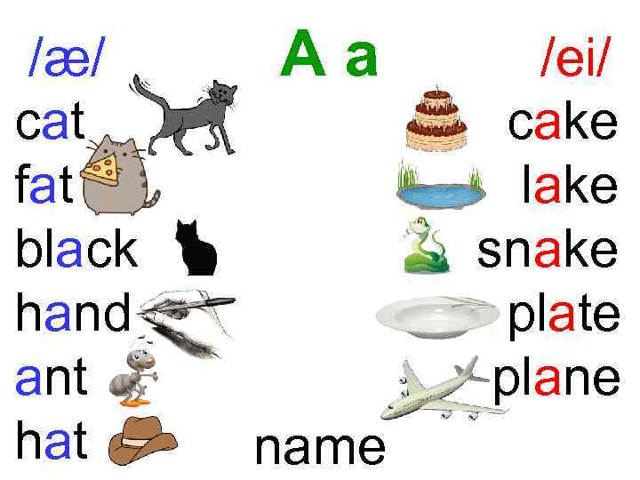 /æ/ cat fat black hand ant hat Aa name /ei/ cake lake snake plate