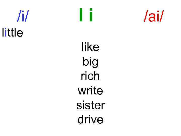 /i/ Ii little like big rich write sister drive /ai/ 