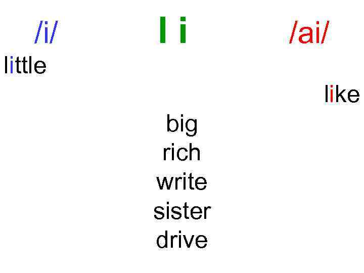 /i/ Ii /ai/ little like big rich write sister drive 