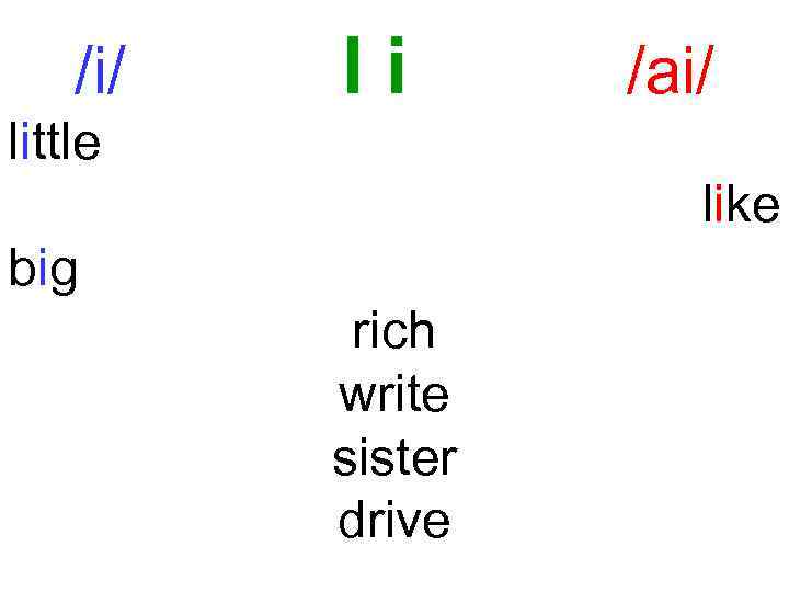 /i/ Ii /ai/ little like big rich write sister drive 