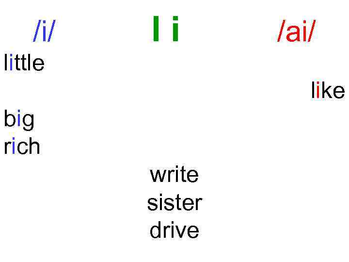 /i/ Ii /ai/ little like big rich write sister drive 