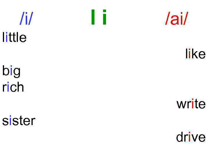 /i/ Ii /ai/ little like big rich write sister drive 