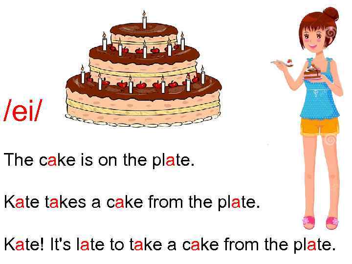 /ei/ The cake is on the plate. Kate takes a cake from the plate.