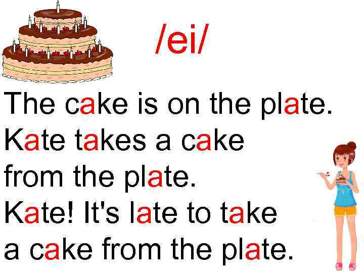 /ei/ The cake is on the plate. Kate takes a cake from the plate.