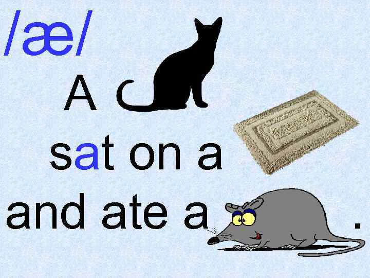 /æ/ A black cat sat on a mat and ate a fat rat. 