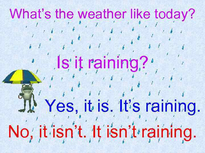 What’s the weather like today? Is it raining? Yes, it is. It’s raining. No,