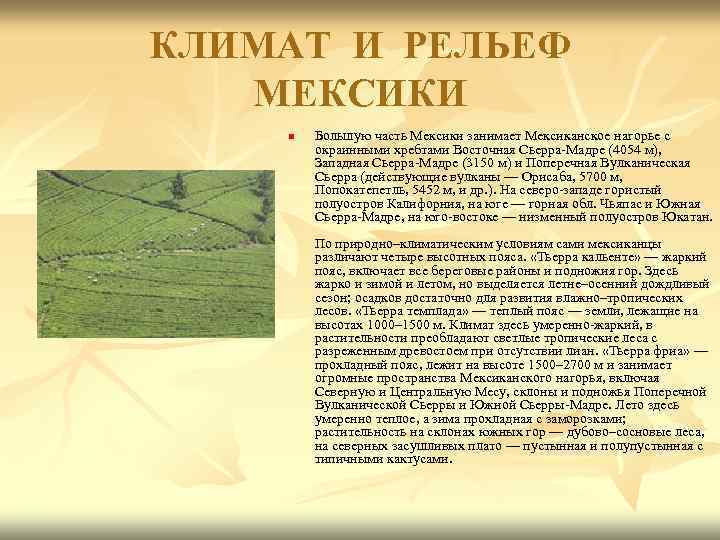 КЛИМАТ И РЕЛЬЕФ МЕКСИКИ n Большую часть Мексики занимает Мексиканское нагорье с окраинными хребтами