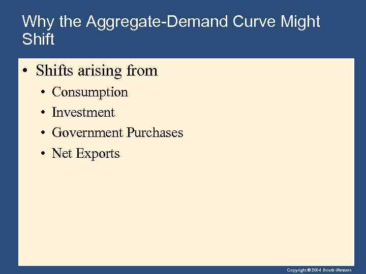 Why the Aggregate-Demand Curve Might Shift • Shifts arising from • • Consumption Investment