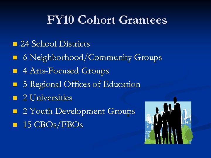 FY 10 Cohort Grantees 24 School Districts n 6 Neighborhood/Community Groups n 4 Arts-Focused