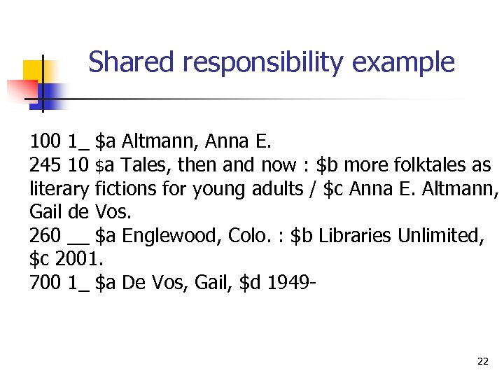 Shared responsibility example 100 1_ $a Altmann, Anna E. 245 10 $a Tales, then