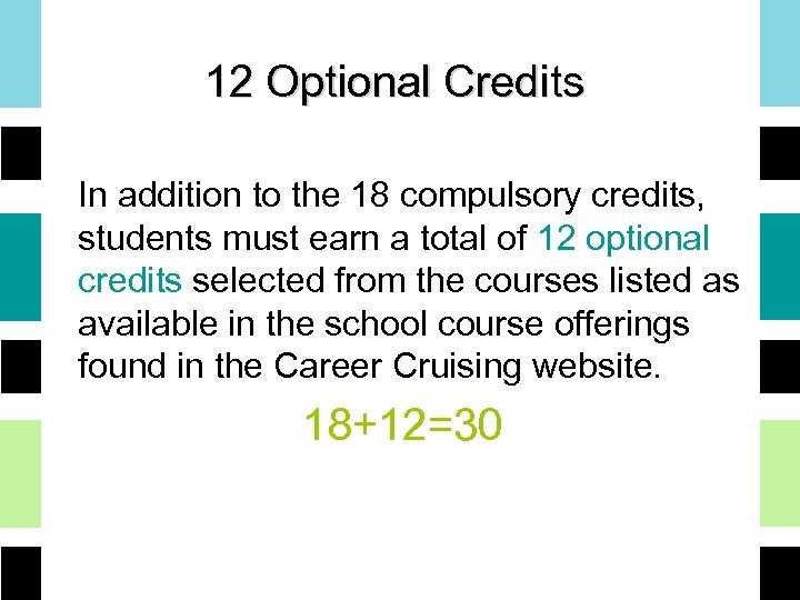 12 Optional Credits In addition to the 18 compulsory credits, students must earn a