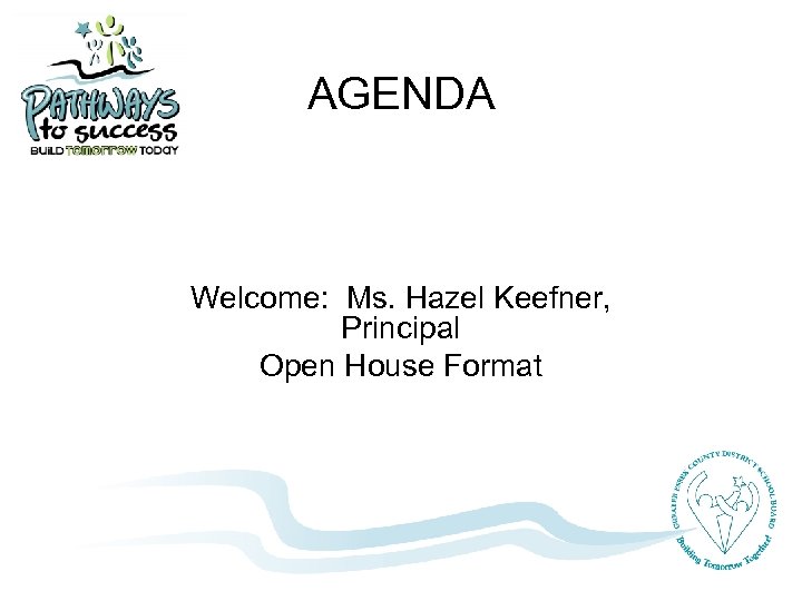 AGENDA Welcome: Ms. Hazel Keefner, Principal Open House Format 