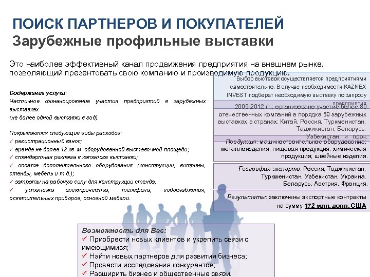 ПОИСК ПАРТНЕРОВ И ПОКУПАТЕЛЕЙ Зарубежные профильные выставки Это наиболее эффективный канал продвижения предприятия на