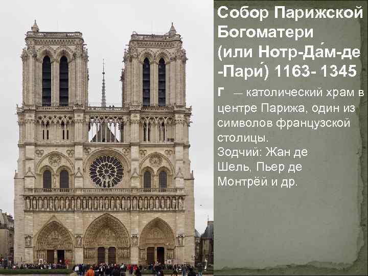 Собор Парижской Богоматери (или Нотр-Да м-де -Пари ) 1163 - 1345 г — католический
