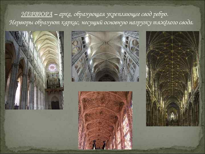 НЕРВЮРА – арка, образующая укрепляющее свод ребро. Нервюры образуют каркас, несущий основную нагрузку тяжёлого