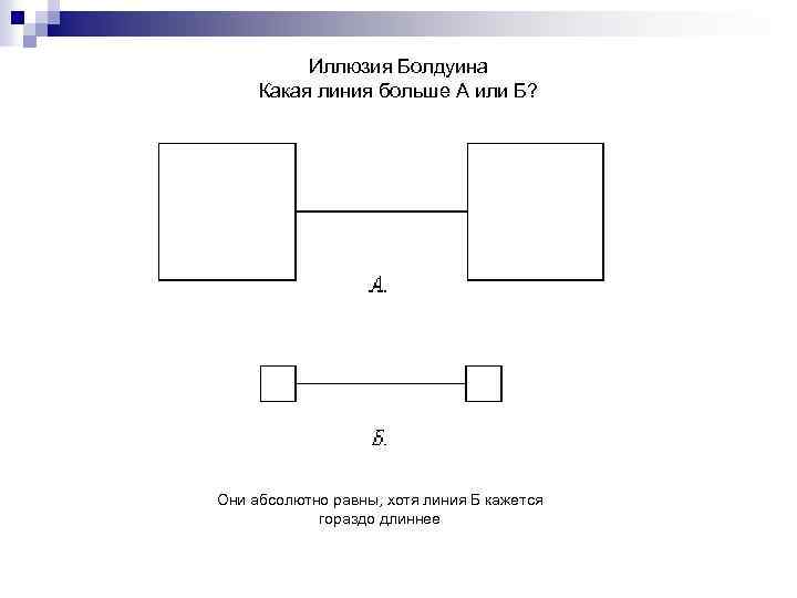 Иллюзия Болдуина Какая линия больше А или Б? Они абсолютно равны, хотя линия Б