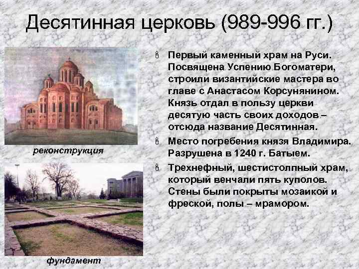 Десятинная церковь 989. Десятинная Церковь древней Руси фундамент. Десятинная Церковь 989 996. Десятинная Церковь первый каменный храм на Руси.