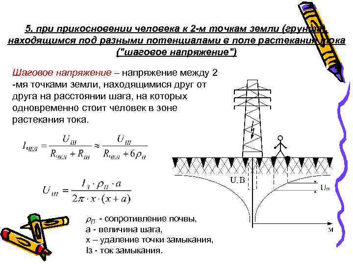 5. прикосновении человека к 2 -м точкам земли (грунта), находящимся под разными потенциалами в