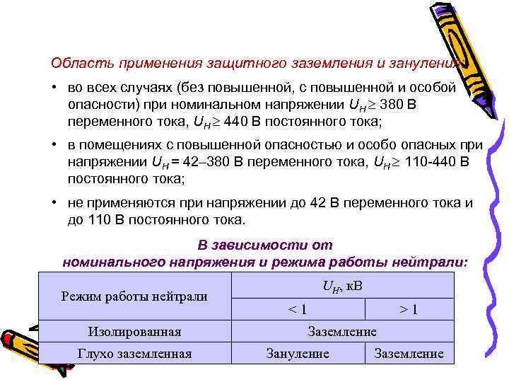 Область применения защитного заземления и зануления: • во всех случаях (без повышенной, с повышенной