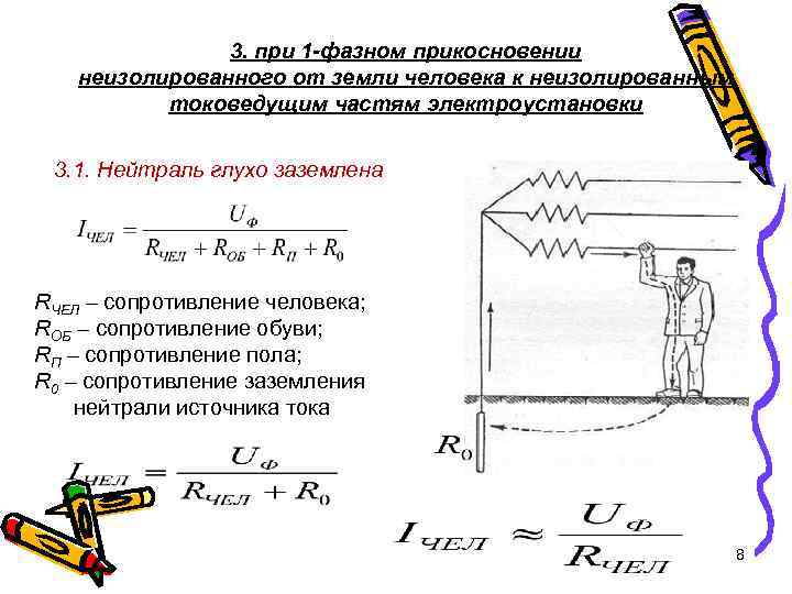 3. при 1 -фазном прикосновении неизолированного от земли человека к неизолированным токоведущим частям электроустановки