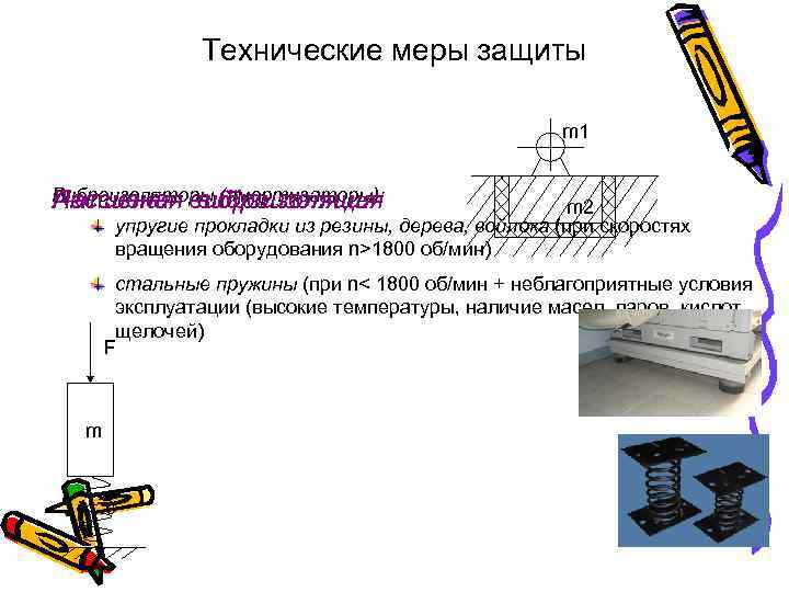 Технические меры защиты m 1 Виброизоляторы (амортизаторы): Активная виброизоляция Пассивная виброизоляция m 2 упругие