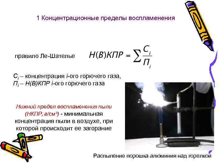 1 Концентрационные пределы воспламенения правило Ле-Шателье Ci – концентрация i-ого горючего газа, Пi –