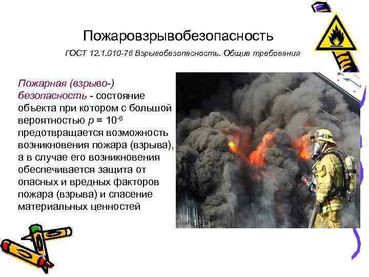 Пожаровзрывобезопасность ГОСТ 12. 1. 010 -76 Взрывобезопасность. Общие требования Пожарная (взрыво-) безопасность - состояние