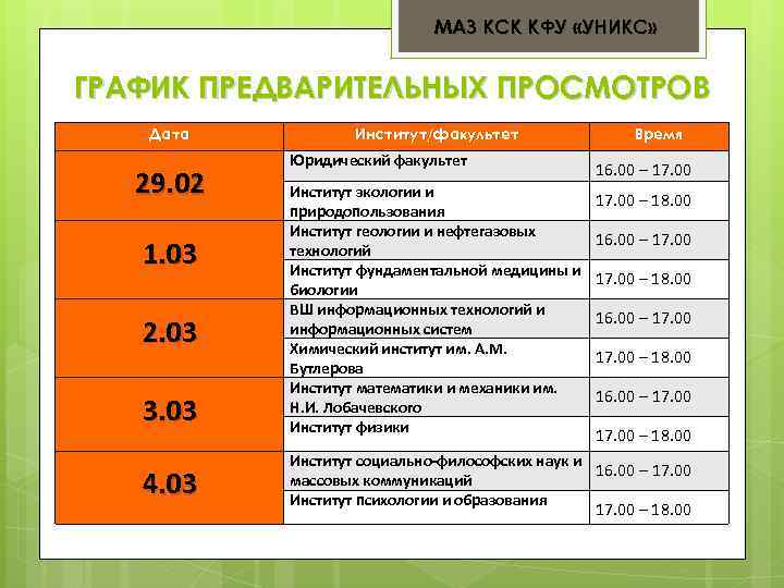 МАЗ КСК КФУ «УНИКС» ГРАФИК ПРЕДВАРИТЕЛЬНЫХ ПРОСМОТРОВ Дата Институт/факультет Время Юридический факультет 16. 00