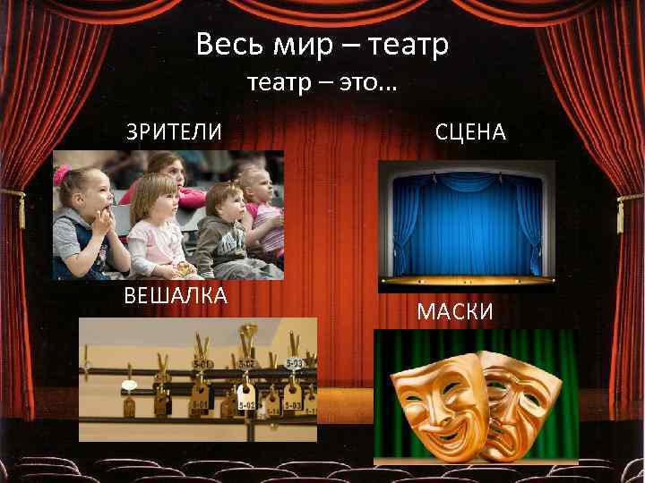 Весь мир – театр – это… ЗРИТЕЛИ ВЕШАЛКА СЦЕНА МАСКИ 