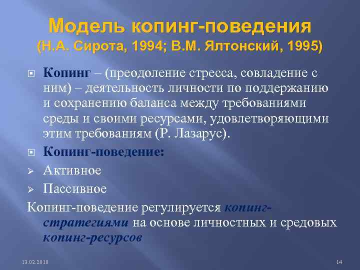 Модель копинг-поведения (Н. А. Сирота, 1994; В. М. Ялтонский, 1995) Копинг – (преодоление стресса,