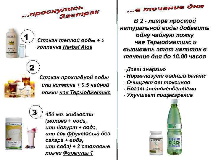 1 Стакан теплой воды + 2 колпачка Herbal Aloe 2 Стакан прохладной воды или