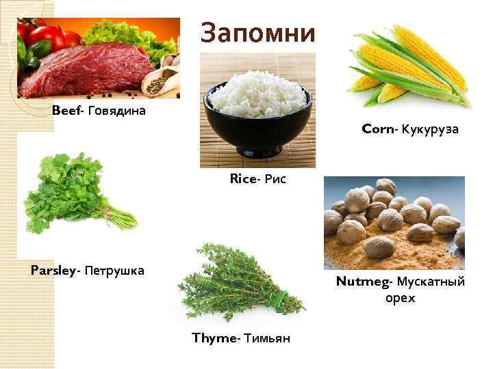 Запомни Beef- Говядина Corn- Кукуруза Rice- Рис Parsley- Петрушка Nutmeg- Мускатный орех Thyme- Тимьян