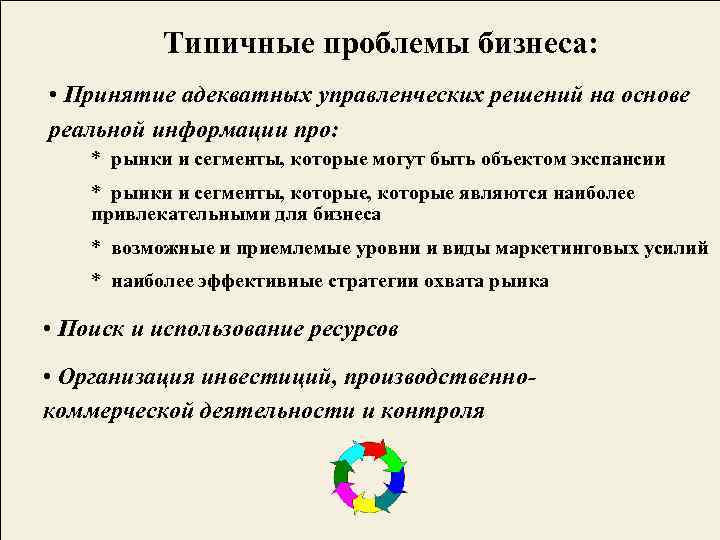 Типичные проблемы бизнеса: • Принятие адекватных управленческих решений на основе реальной информации про: *