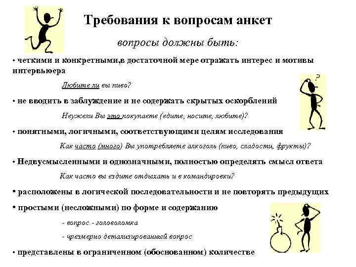 Требования к вопросам анкет вопросы должны быть: • четкими и конкретными, в достаточной мере