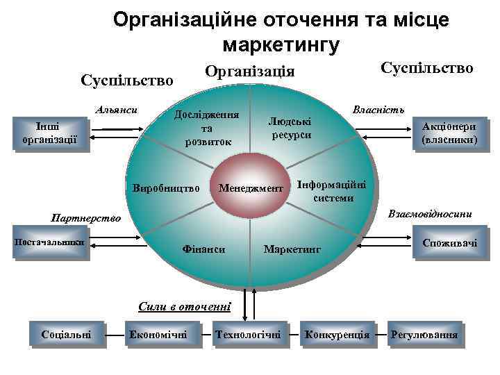 Організаційне оточення та місце маркетингу Суспільство Альянси Інші організації Суспільство Організація Дослідження та розвиток