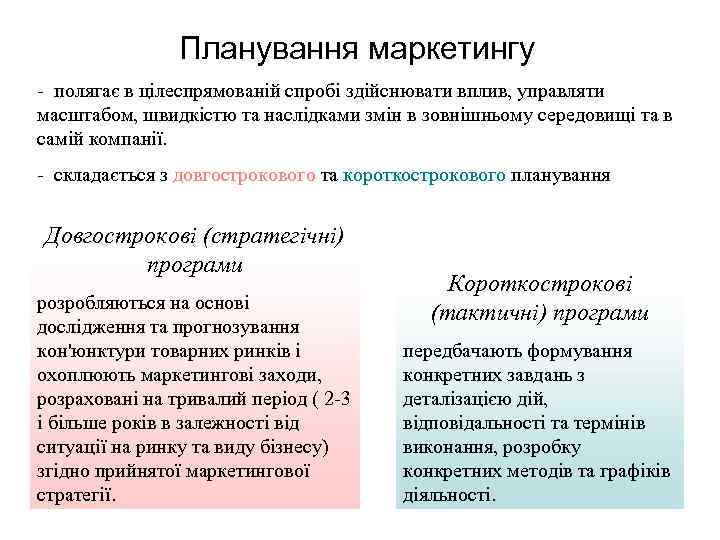 Планування маркетингу - полягає в цілеспрямованій спробі здійснювати вплив, управляти масштабом, швидкістю та наслідками